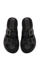 Kadın Siyah Çift Tokalı Kalın Tabanlı Deri Konfor Terlik | Derimod Kadın Siyah Çift Tokalı Kalın Tabanlı Deri Konfor Terlik | Derimod