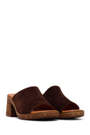 Woman Brown Block-Heel Suede Leather Mules | Derimod Woman Brown Block-Heel Suede Leather Mules | Derimod