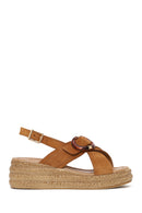 Woman Tan Buckled Wedge-Heel Suede Sandal | Derimod Woman Tan Buckled Wedge-Heel Suede Sandal | Derimod