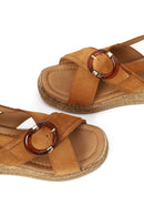 Woman Tan Buckled Wedge-Heel Suede Sandal | Derimod Woman Tan Buckled Wedge-Heel Suede Sandal | Derimod