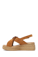 Woman Tan Buckled Wedge-Heel Suede Sandal | Derimod Woman Tan Buckled Wedge-Heel Suede Sandal | Derimod