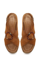 Woman Tan Buckled Wedge-Heel Suede Sandal | Derimod Woman Tan Buckled Wedge-Heel Suede Sandal | Derimod