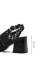 Kadın Siyah Örgülü Metalik Kalın Kısa Topuklu Sandalet | Derimod Kadın Siyah Örgülü Metalik Kalın Kısa Topuklu Sandalet | Derimod