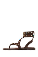 Woman Brown Embellished Toe-Post Suede Leather Sandals | Derimod Woman Brown Embellished Toe-Post Suede Leather Sandals | Derimod