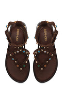 Woman Brown Embellished Toe-Post Suede Leather Sandals | Derimod Woman Brown Embellished Toe-Post Suede Leather Sandals | Derimod