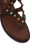 Woman Brown Embellished Toe-Post Suede Leather Sandals | Derimod Woman Brown Embellished Toe-Post Suede Leather Sandals | Derimod