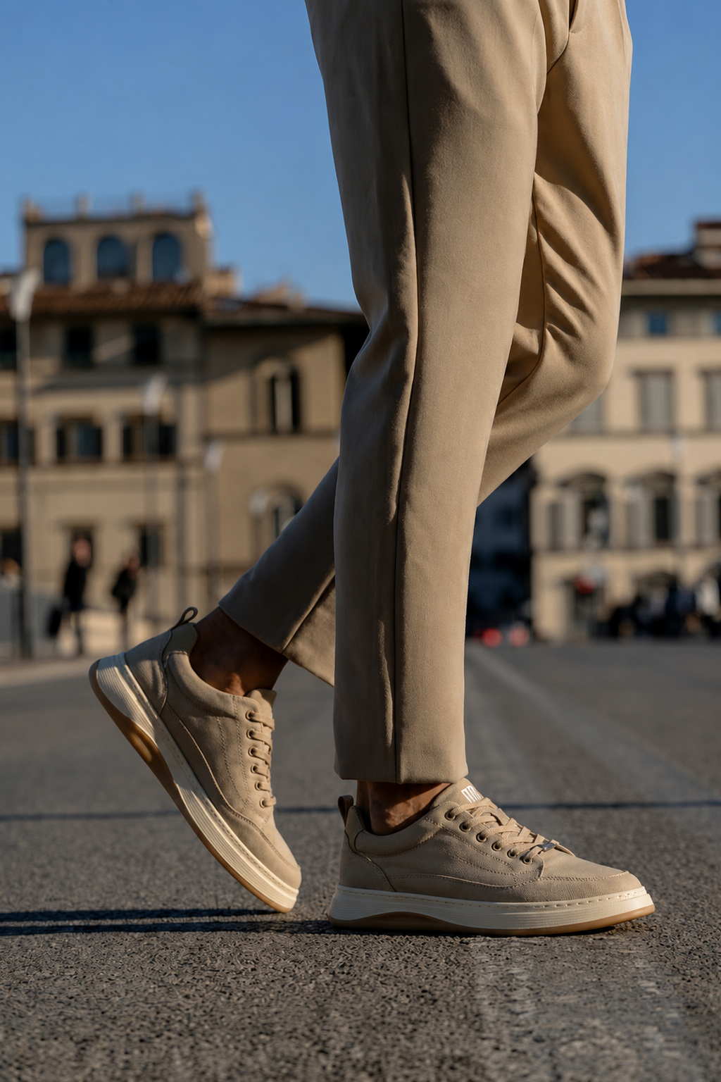 Erkek Bej Bağcıklı Kalın Tabanlı Kumaş Sneaker