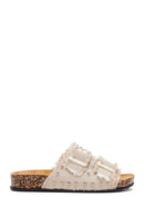Women's Beige Double Buckle Studded Fabric Slippers | Derimod Women's Beige Double Buckle Studded Fabric Slippers | Derimod