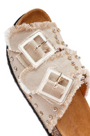 Women's Beige Double Buckle Studded Fabric Slippers | Derimod Women's Beige Double Buckle Studded Fabric Slippers | Derimod