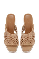 Kadın Bej Örgülü Kısa Kalın Topuklu Terlik | Derimod Kadın Bej Örgülü Kısa Kalın Topuklu Terlik | Derimod