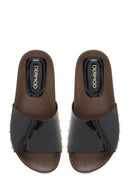 Woman Black Thick-Soled Patent Leather Slippers | Derimod Woman Black Thick-Soled Patent Leather Slippers | Derimod