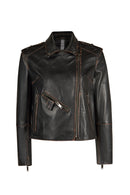 Oxford Woman Black Biker Leather Jacket | Derimod Oxford Woman Black Biker Leather Jacket | Derimod