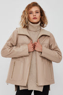 Roma Kadın Bej Kapüşonlu Çift Taraflı Oversize Deri Ceket | Derimod Roma Kadın Bej Kapüşonlu Çift Taraflı Oversize Deri Ceket | Derimod