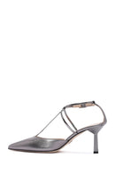 Women's Grey Ankle Strap Thin Heel Metallic Leather Shoes | Derimod Women's Grey Ankle Strap Thin Heel Metallic Leather Shoes | Derimod