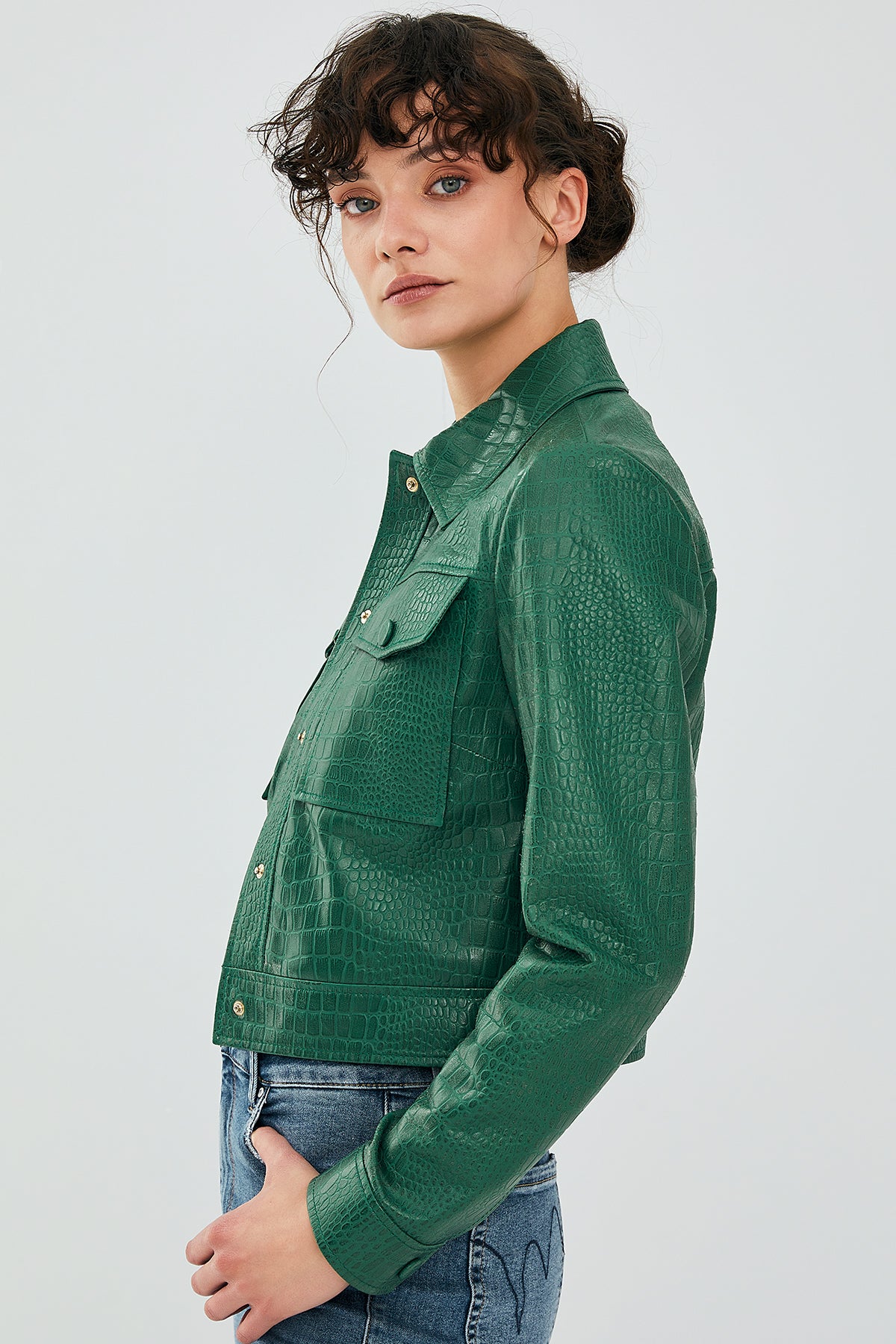 Tina Kadın Yeşil Kısa Deri Ceket