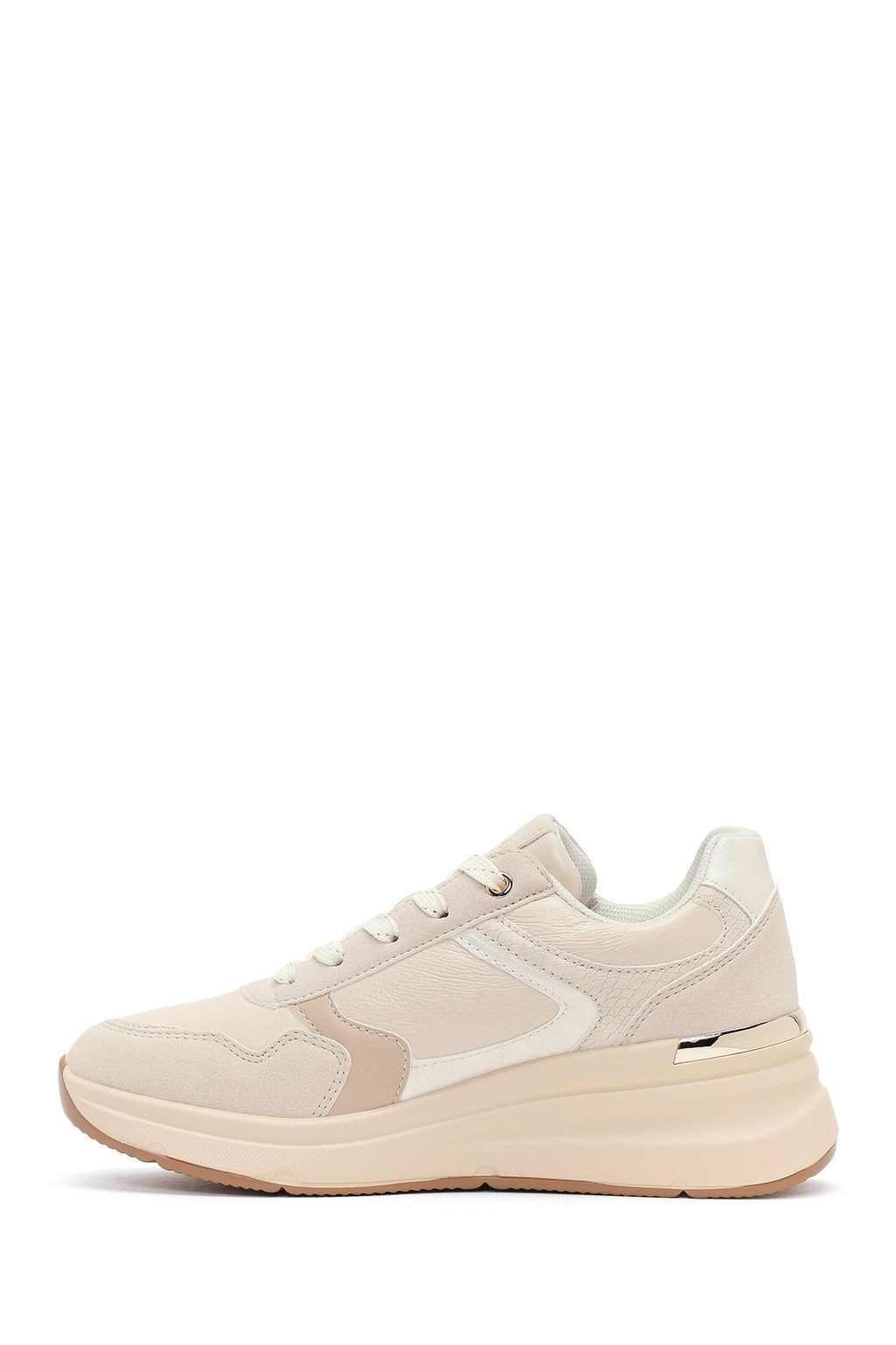 Kadın Bej Yandan Fermuarlı Bağcıklı Kalın Tabanlı Sneaker
