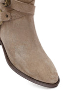 Woman Beige Zippered Suede Leather Cowboy Boots | Derimod Woman Beige Zippered Suede Leather Cowboy Boots | Derimod