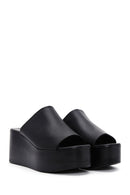 Women's Black Wedge Heeled Leather Slippers | Derimod Women's Black Wedge Heeled Leather Slippers | Derimod
