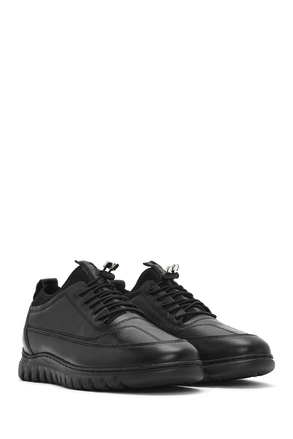 Erkek Siyah Bağcıklı Deri Casual Sneaker