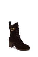 Woman Brown Zip Closure Chunky Heeled Suede Combat Boots | Derimod Woman Brown Zip Closure Chunky Heeled Suede Combat Boots | Derimod
