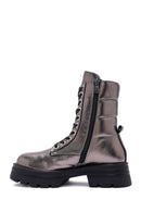 Women's Bronze Zipper Metallic Leather Combat Boots | Derimod Women's Bronze Zipper Metallic Leather Combat Boots | Derimod