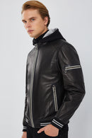 Tatum Men's Black Hooded Sports Leather Coat | Derimod Tatum Men's Black Hooded Sports Leather Coat | Derimod
