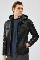 Lyon Men's Black Hooded Leather Jacket | Derimod Lyon Men's Black Hooded Leather Jacket | Derimod