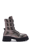 Women's Bronze Zipper Metallic Leather Combat Boots | Derimod Women's Bronze Zipper Metallic Leather Combat Boots | Derimod