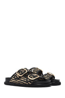 Women's Black Double Buckle Straw Leather Slippers | Derimod Women's Black Double Buckle Straw Leather Slippers | Derimod