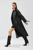 Nicole Women's Black Double Breasted Long Leather Trench Coat | Derimod Nicole Women's Black Double Breasted Long Leather Trench Coat | Derimod
