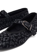 Woman Black Leopard Pattern Buckled Suede Leather Babet | Derimod Woman Black Leopard Pattern Buckled Suede Leather Babet | Derimod