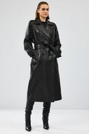 Nicole Women's Black Double Breasted Long Leather Trench Coat | Derimod Nicole Women's Black Double Breasted Long Leather Trench Coat | Derimod