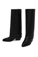 Woman Black Studded Chunky-Heeled Leather Cowboy Boots | Derimod Woman Black Studded Chunky-Heeled Leather Cowboy Boots | Derimod