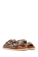 Women's Brown Double Buckled Straw Leather Slippers | Derimod Women's Brown Double Buckled Straw Leather Slippers | Derimod