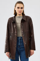 Dalida Women's Brown Oversize Leather Jacket | Derimod Dalida Women's Brown Oversize Leather Jacket | Derimod