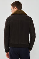Falcon Men's Brown Embroidered Collar Fur Leather Pilot Jacket | Derimod Falcon Men's Brown Embroidered Collar Fur Leather Pilot Jacket | Derimod