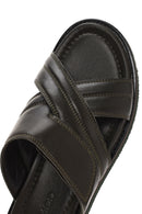 Men's Khaki Striped Casual Leather Slippers | Derimod Men's Khaki Striped Casual Leather Slippers | Derimod