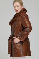 New Alexandra Camel Kadın Kürklü Deri Kaban | Derimod New Alexandra Camel Kadın Kürklü Deri Kaban | Derimod