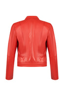 Kylie Woman Red Stand Collar Short Leather Jacket | Derimod Kylie Woman Red Stand Collar Short Leather Jacket | Derimod