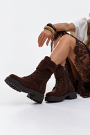 Woman Brown Lace-Up Zip Closure Suede Combat Boots | Derimod Woman Brown Lace-Up Zip Closure Suede Combat Boots | Derimod