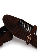 Woman Brown Mesh Suede Leather Ballet Flat | Derimod Woman Brown Mesh Suede Leather Ballet Flat | Derimod