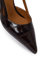 Woman Brown Open-Back Thin-Heeled Croc-Embossed Leather Shoes | Derimod Woman Brown Open-Back Thin-Heeled Croc-Embossed Leather Shoes | Derimod