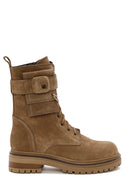 Women's Brown Zippered Suede Leather Combat Boots | Derimod Women's Brown Zippered Suede Leather Combat Boots | Derimod