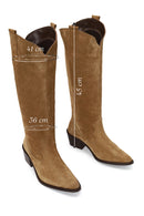 Woman Tan Chunky Heeled Suede Cowboy Boots | Derimod Woman Tan Chunky Heeled Suede Cowboy Boots | Derimod