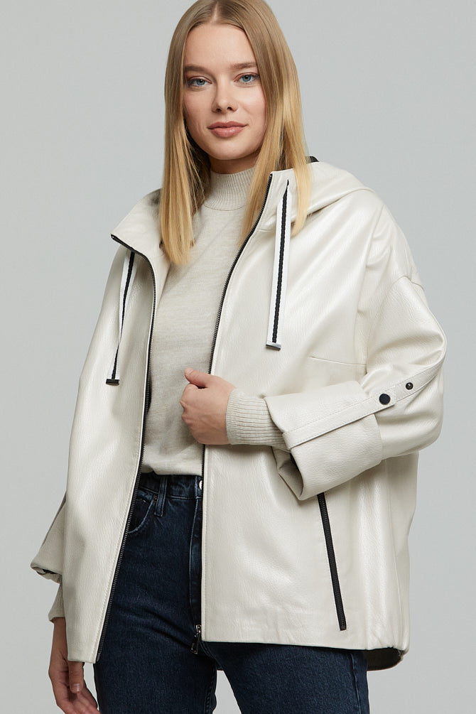 Jennifer Kadın Bej Kapüşonlu Oversize Deri Ceket