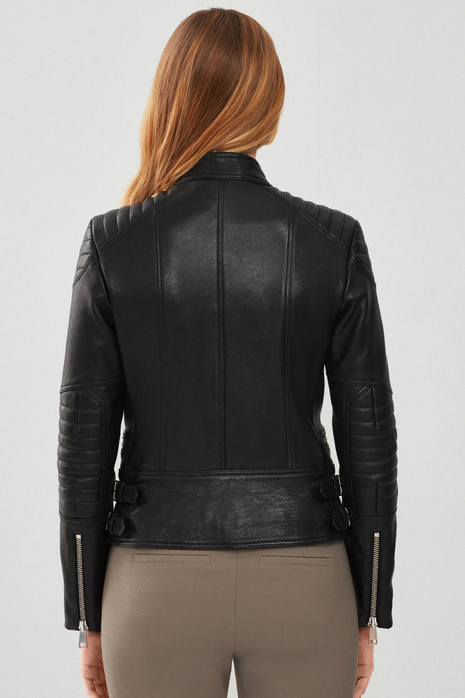 Giselle Kadın Siyah Slim-Fit Biker Deri Ceket_3