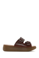 Women's Brown Thick Sole Buckle Leather Slippers | Derimod Women's Brown Thick Sole Buckle Leather Slippers | Derimod