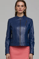 Ella Kadın Mavi Streç-Fit Deri Ceket | Derimod Ella Kadın Mavi Streç-Fit Deri Ceket | Derimod