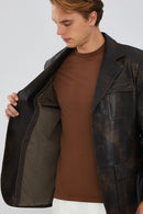 Kane Men's Brown Vintage Blazer Safari Leather Jacket | Derimod Kane Men's Brown Vintage Blazer Safari Leather Jacket | Derimod