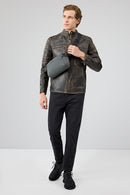 Morant Men's Brown Vintage Slim-Fit Leather Jacket | Derimod Morant Men's Brown Vintage Slim-Fit Leather Jacket | Derimod